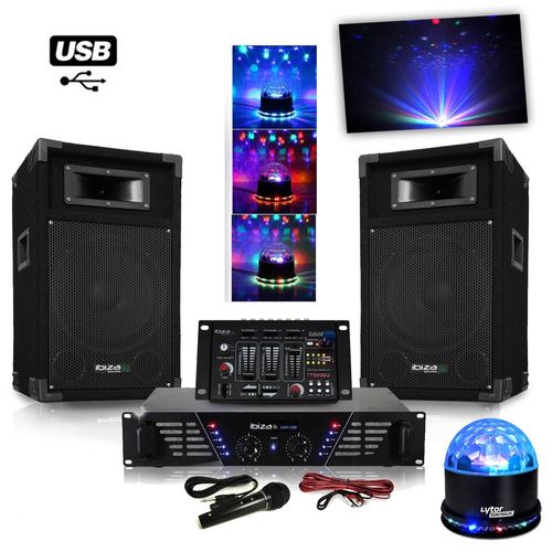 Pack Sono ampli + enceintes 500W + Table de mixage + SUNMAGIC LED RVB