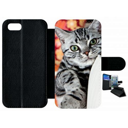 Etui A Rabat - Chat Tigré Gris Yeux Vert - Compatible Avec Apple Iphone 7 - Plastique - Bord Noir