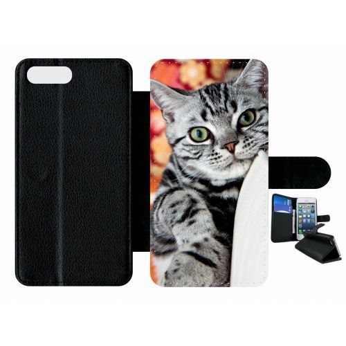Etui A Rabat - Chat Tigré Gris Yeux Vert - Compatible Avec Apple Iphone 7 Plus - Plastique - Bord Noir