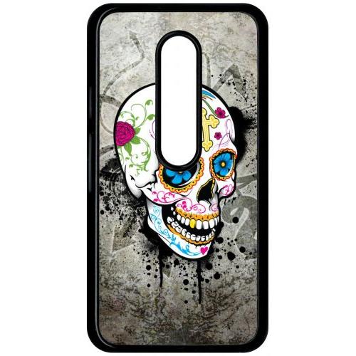 Coque Pour Smartphone - Skull Fleur Bleu Fond Gris - Compatible Avec Motorola Moto G (3rd Gen) - Plastique - Bord Noir