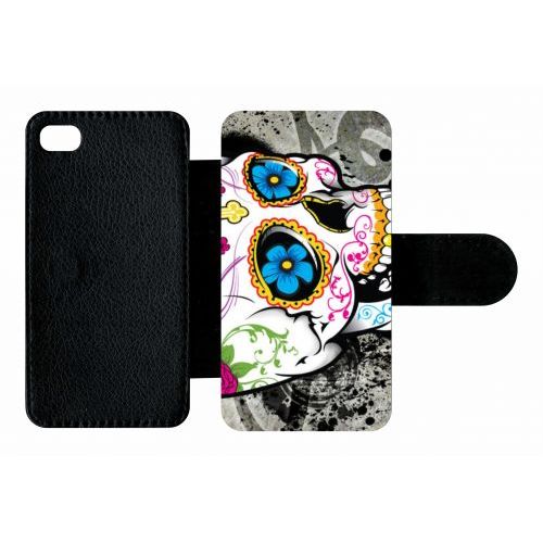Etui A Rabat - Skull Fleur Bleu Fond Gris - Compatible Avec Apple Iphone 4s - Plastique - Bord Noir