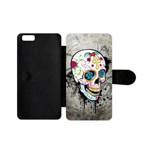Etui A Rabat - Skull Fleur Bleu Fond Gris - Compatible Avec Apple Iphone 6 Plus - Plastique - Bord Noir