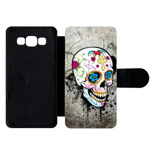 Etui À Rabat Galaxy A5 (2015) - Skull Fleur Bleu Fond Gris - Simili-Cuir - Noir