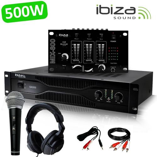 Pack Sono Dj Amplificateur 500W IBIZA SOUND SA500 + Table de mixage MIX800 + CASQUE MICRO + Câblages RCA + PC