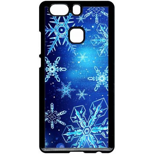 Coque Pour Smartphone - Flocon De Neige Fond Bleu Nuit - Compatible Avec Huawei P9 Plus - Plastique - Bord Noir