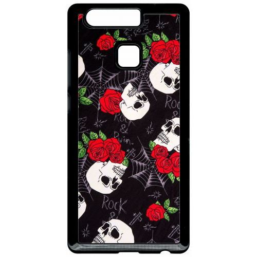 Coque Pour Smartphone - Tete De Mort Toile Rose Rock - Compatible Avec Huawei P9 - Plastique - Bord Noir