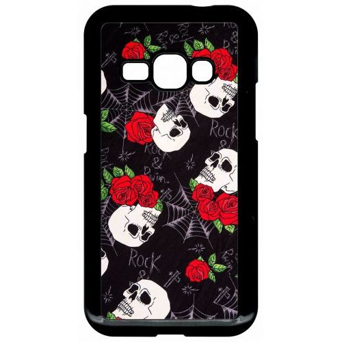 Coque Pour Smartphone - Tete De Mort Toile Rose Rock - Compatible Avec Samsung Galaxy J1 (2016) - Plastique - Bord Noir