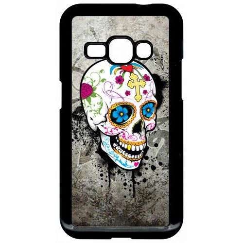 Coque Pour Smartphone - Skull Fleur Bleu Fond Gris - Compatible Avec Samsung Galaxy J1 (2016) - Plastique - Bord Noir