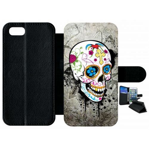 Etui A Rabat - Skull Fleur Bleu Fond Gris - Compatible Avec Apple Iphone 7 - Plastique - Bord Noir