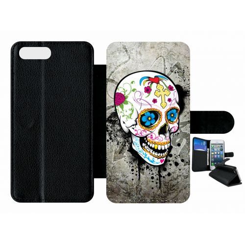 Etui A Rabat - Skull Fleur Bleu Fond Gris - Compatible Avec Apple Iphone 7 Plus - Plastique - Bord Noir