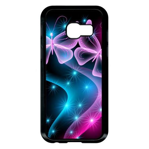 Coque Pour Smartphone - Papillons Roses - Compatible Avec Samsung Galaxy A3 (2017) - Plastique - Bord Noir