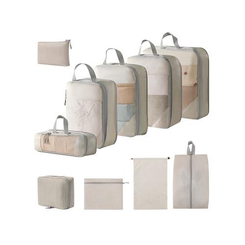 Lot de 10 sacs d'emballage compressibles de voyage, sacs à vêtements, organisateur de bagages, Beige