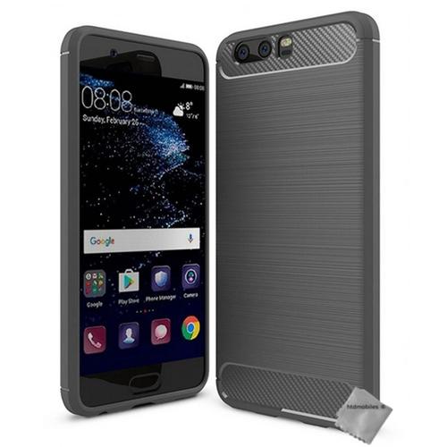 Housse Etui Coque Silicone Gel Carbone Pour Huawei P10 + Verre Trempe - Gris