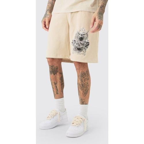 Tall Oversized Fit Gothic Print Jersey Shorts Homme - Beige - S, Beige