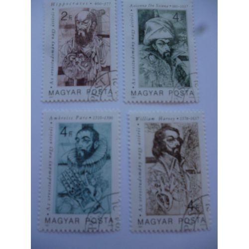 Lot De 4 Timbres Hongrie 1987:Hippocrates,Ambroise Paré,William Harvey,Avicennes.