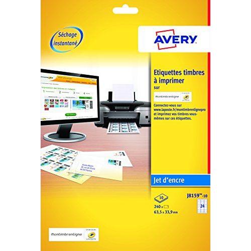 Avery J8159 Boîte De 240 Etiquettes Autocollantes Pour Timbres (24 Par Feuille) - 63,5x33,9mm - Impression Jet D'encre - Blanc