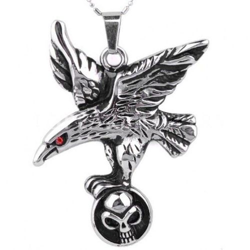 Pendentif Inox Aigle Oeil Rouge Et Crane Biker Tete De Mort