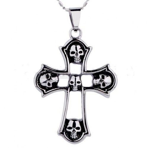 Pendentif Inox Croix Chretienne Et Crane Tete De Mort