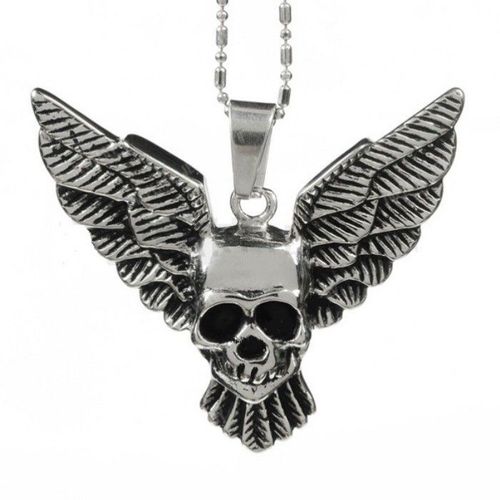 Pendentif Inox Crane Ailé Inox Tete De Mort Biker Motard