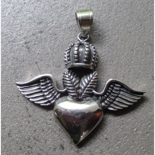Pendentif Inox Coeur Aillé Couronne Homme Femme Rockab Punk
