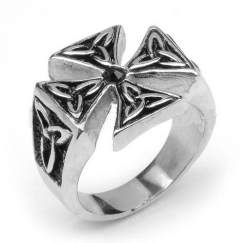 Chevaliere Croix De Malte Stripé 10us Strass Noir Bague Homme
