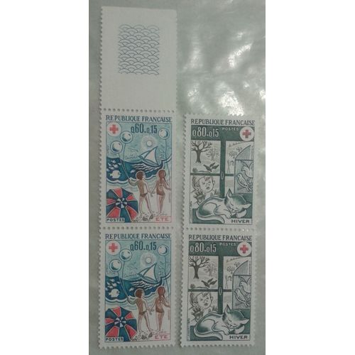 Lot 2 Blocs De 2 Timbres France 1974 Croix-Rouge Yvert Et Tellier N°1828 (Bord De Feuille) Et 1829 Neufs Gomme Intacte