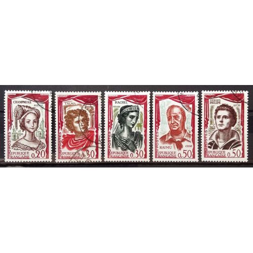 France - Série Comédiens Français 1961 - 1301 Champmeslé + 1302 Talma + 1303 Rachel + 1304 Raimu + 1305 Gérard Philippe Obl - Cote 3,60€ - N16390