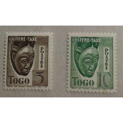 2 Timbres Chiffre-Taxe Togo Masque 5c. 10c. 1942 Yvert Et Tellier N°32 33 Traces Charnière