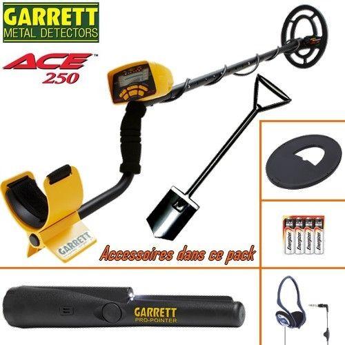 Détecteur de métaux GARRETT ACE 250 livré avec son protège disque + casque filaire pliable + pelle big foot + propointer pour trouver les cibles facilement.