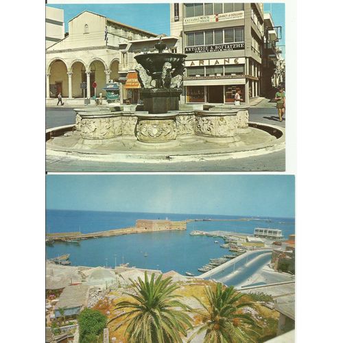 2 Cartes Heraklion (Fontaine De Morozini Et Port Avec Fort Vénitien)