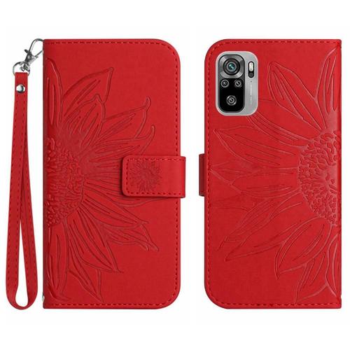 Étui Pour Xiaomi Poco M5s Tournesol Gaufré Étui De Téléphone Portefeuille Flip Avec Porte-Fentes Pour Cartes Sangle Courte Cuir Pu De Luxe - Rouge