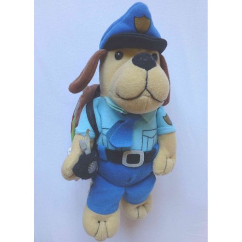 Doudou chien policier avec livre d'éveil en tissu dans le sac à dos PICCOLIA H 18 cm beige marron et bleu
