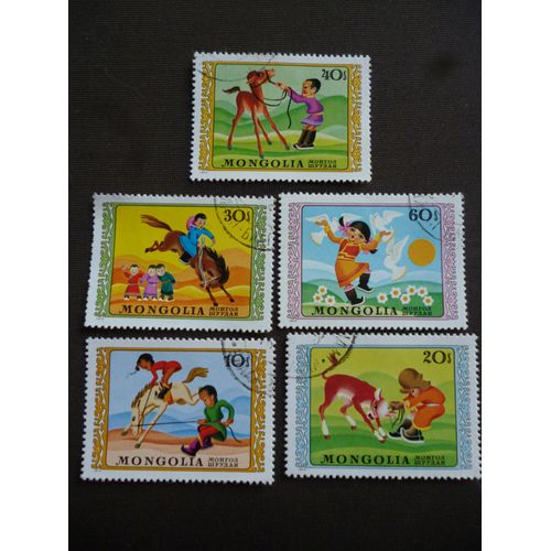 Lot De 5 Timbres Mongolie:Enfants Et Animaux.