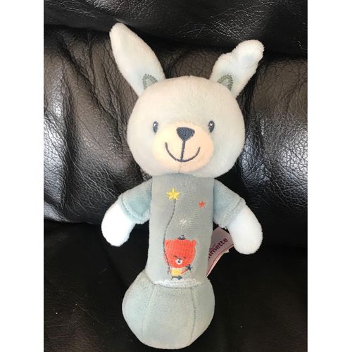 Doudou Peluche Hochet Lapin Bleu Ours Orange Etoiles Jaune Pommette 20cm