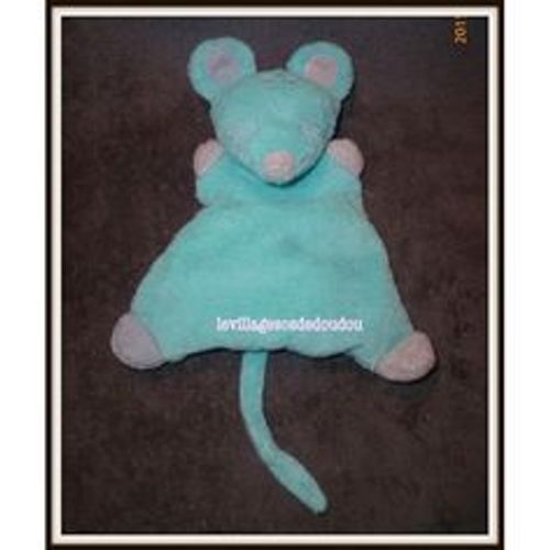 Doudou Plat Peluche Souris Bout' Chou Boutchou Monoprix Gris Bleu Turquoise  22 Cm, Queue 13 Cm