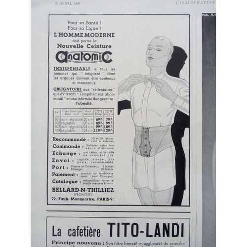 Publicité Papier Ancienne (Avril 1936) Pour La Ceinture De Maintien Pour Homme "Anatomic" De Bellard N Thilliez, 22 Faubourg Montmartre À Paris
