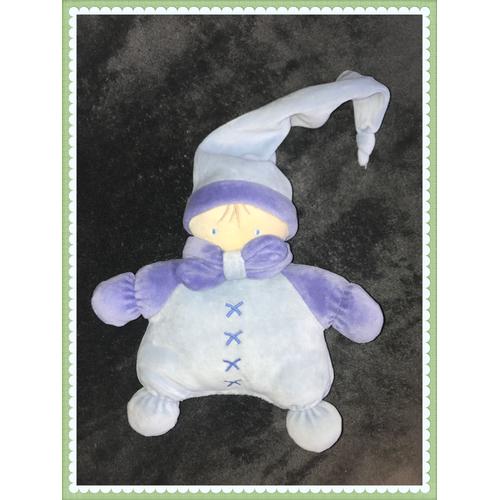 Lutin Doudou Nounours Passeport Tendresse Poupée Semi Plat À Grelot Bleu Peluche De 20 Cms + Bonnet De 30 Cms