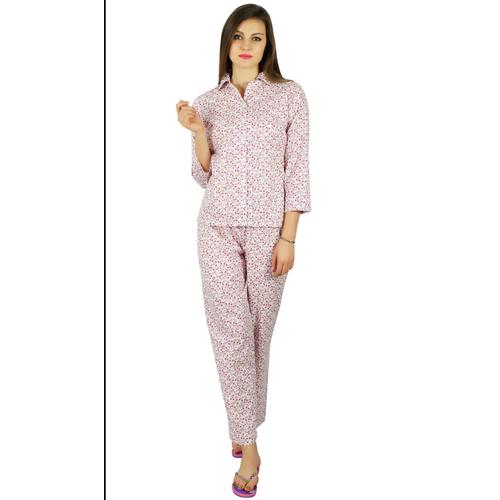 Bimba Femmes Coton Nuit Porter Imprimé Pyjama Ensemble Complet Chemise À Manches Avec Pyjama, Blanc