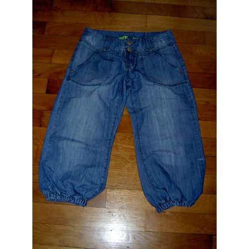 Pantacourt Bleu Clair Type Jean Aspect Vieilli Avec Élastique Sur Jambe Jennyfer Taille 16 Ans 