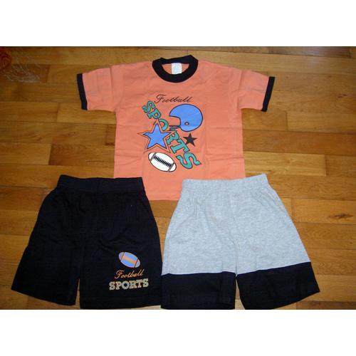 Ensemble T-Shirt Tee Shirt Manche Courte Orange Motif Sports Football Américain Et 2 Shorts 1 Gris Et Noir Uni Et 1 Noir Motif Sports Tex Taille 5 Ans 