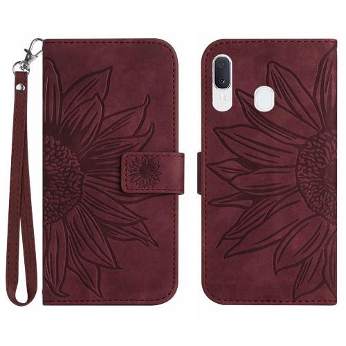 Étui Pour Samsung Galaxy A40 Étui De Téléphone Portefeuille À Rabat Sangle Courte Tournesol Gaufré Avec Porte-Fentes Pour Cartes Cuir Pu De Luxe - Le Brun