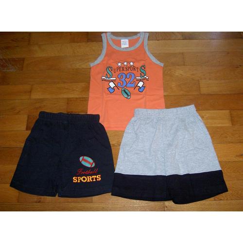 Ensemble T-Shirt Tee Shirt Sans Manche Type Débardeur Orange Motif Supersports 32 Football Américain Et 2 Shorts 1 Gris Et Noir Uni Et 1 Noir Motif Sports Tex Taille 4 Ans