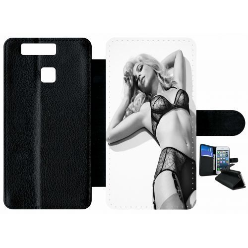 Etui A Rabat - Femme Sexy Noir Et Blanc - Compatible Avec Huawei Ascend P9 - Simili-Cuir - Bord Noir