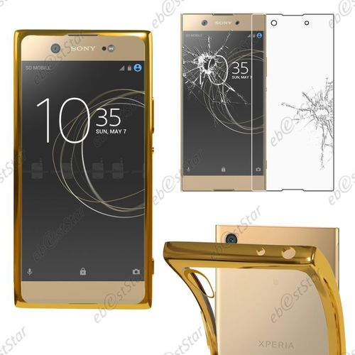 Ebeststar ® Pour Sony Xperia Xa1,  Dual (2017) - Housse Etui Coque Silicone 0,3mm Invisible + Film Protection Écran Verre Trempé Transparent / Or [Dimensions Precises De Votre Appareil : 145 X 67 X 8 Mm, Écran 5''] [Note Importante Lire Description]