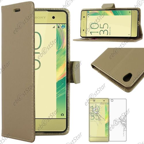 Ebeststar ® Pour Sony Xperia Xa, Xa Dual - Housse Coque Etui Portefeuille Folio Simi Cuir + Film Protection Écran Verre Trempé, Or / Doré [Dimensions Precises De Votre Appareil : 143.6 X 66.8 X 7.9 Mm, Écran 5''] [Note Importante Lire Description]
