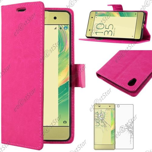 Ebeststar ® Pour Sony Xperia Xa, Xa Dual - Housse Coque Etui Portefeuille Support Folio Simi Cuir + Film Protection Écran Verre Trempé, Rose [Dimensions Precises De Votre Appareil : 143.6 X 66.8 X 7.9 Mm, Écran 5''] [Note Importante Lire Description]