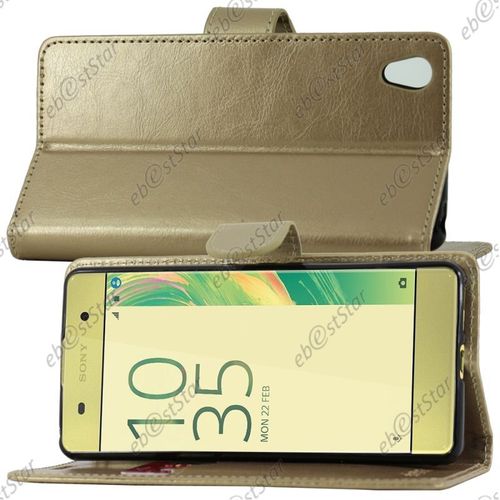 Ebeststar ®  Film Protection Écran Verre Trempé + Etui Portefeuille Housse Coque Folio Livre Pour Sony Xperia Xa, Xa Dual, Couleur Or / Doré [Dimensions Precises De Votre Appareil : 143.6 X 66.8 X 7.9 Mm, Écran 5''] [Note Importante Lire Description]