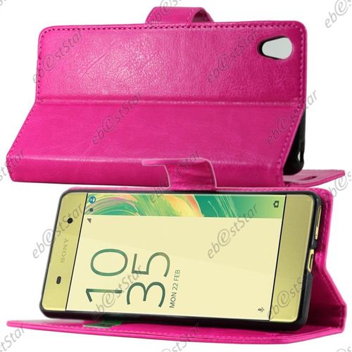 Ebeststar ®  Film Protection Écran Verre Trempé + Etui Portefeuille Housse Coque Folio Livre Pour Sony Xperia Xa, Xa Dual, Couleur Rose [Dimensions Precises De Votre Appareil : 143.6 X 66.8 X 7.9 Mm, Écran 5''] [Note Importante Lire Description]