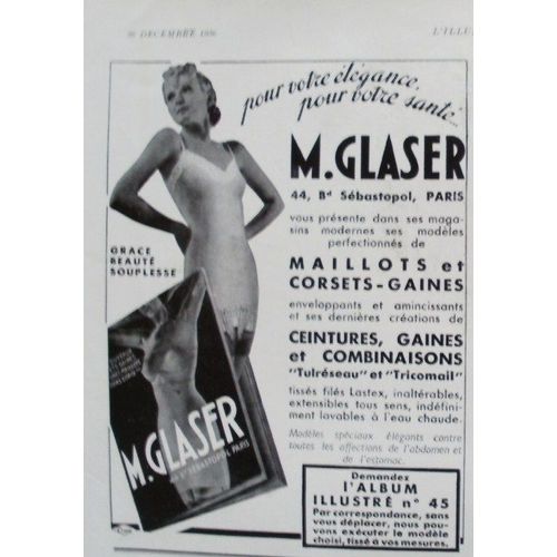 Publicité Papier Ancienne (Décembre 1936) Pour Les Maillots, Corsets Et Gaines "M. Glaser", 44 Boulevard Sébastopol À Paris (Publicité Dam)