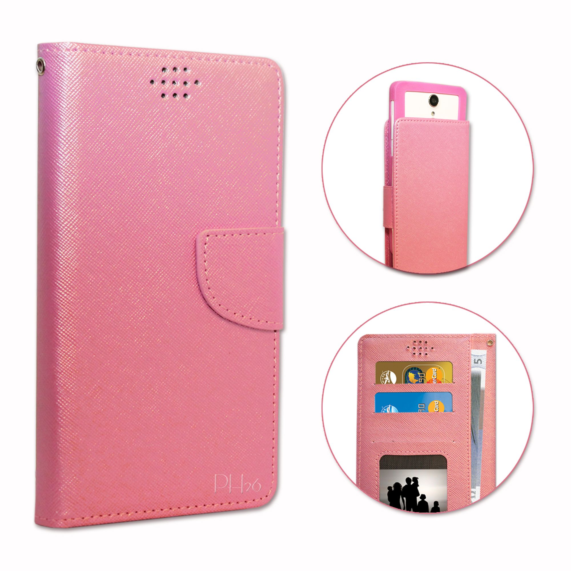 Oppo R7 Etui Housse Folio Rose Façon Cuir Texturé Avec Porte Cartes Et Surpiqûres Apparentes By Ph26®